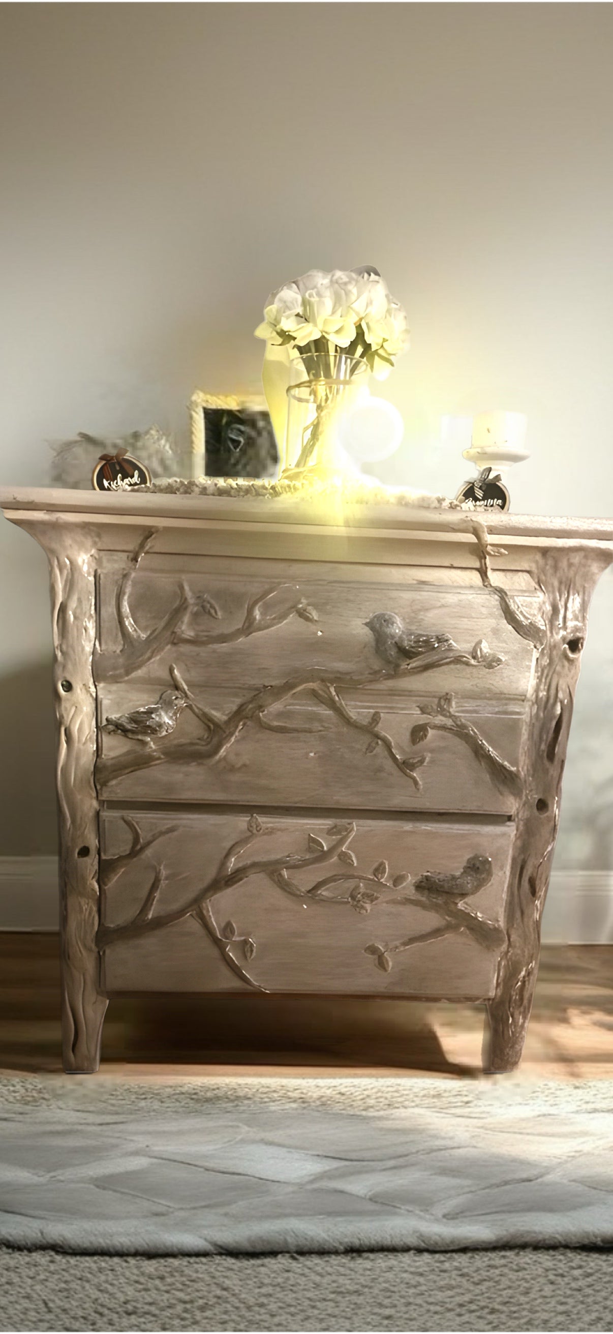"The Willow & Wren Nightstand "– Anthropologie-Inspired Handcrafted Beauty”
Light wood tones and hand-painted details that bring nature softly indoors.